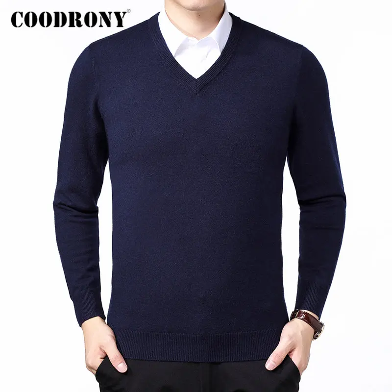 Бренд COODRONY, мужской свитер, Осень-зима, толстый, теплый, для мужчин, Классический Повседневный пуловер с v-образным вырезом, мужской кашемировый шерстяной трикотаж 91110 - Цвет: Тёмно-синий