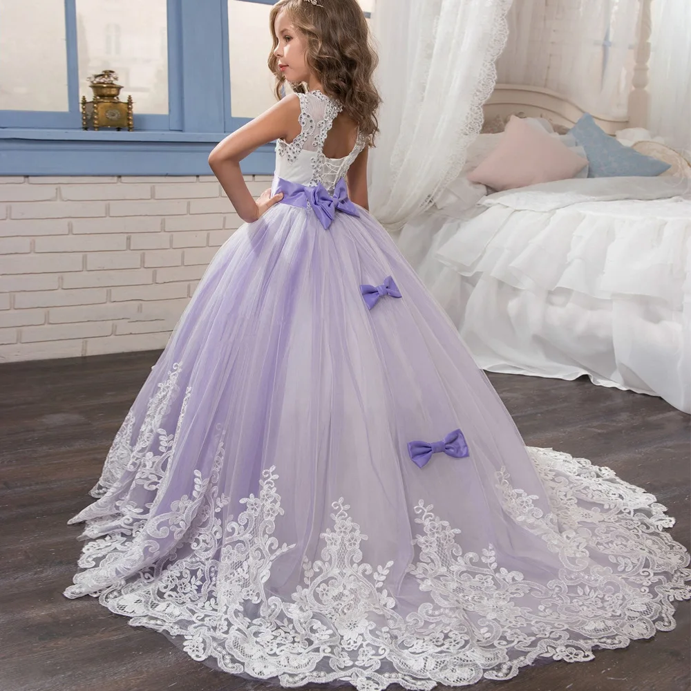 

Платье для подружки невесты с бантом для девочек, длинное кружевное бальное платье со шлейфом, вечерние платья принцессы для подростков и п...