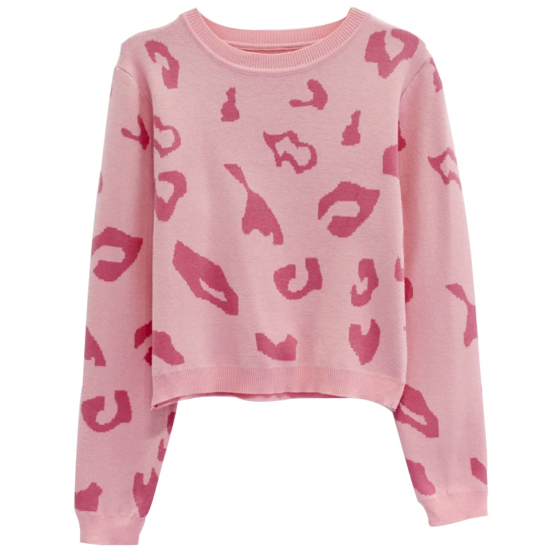 women pink leopard sweater crew neck knitted pullovers long sleeve winter autumn casual sweet M0039 | Женская одежда
