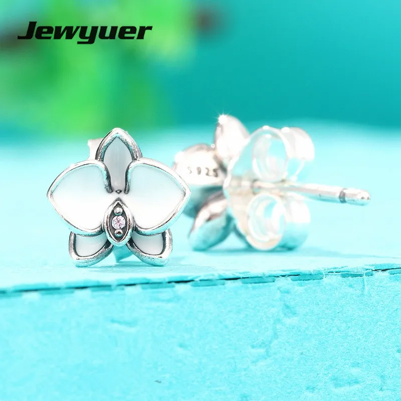 

Женские серьги-гвоздики с цветком орхидеи, серьги из серебра 2017 пробы с белой эмалью, ювелирные украшения для лета, ER090, 925