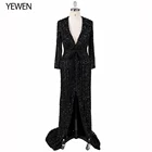 В наличии, размер 48, v-образный вырез, 2020, черное платье для выпускного вечера, Кристальные вечерние платья с длинным рукавом, элегантное арабское платье, вечернее платье, YeWen