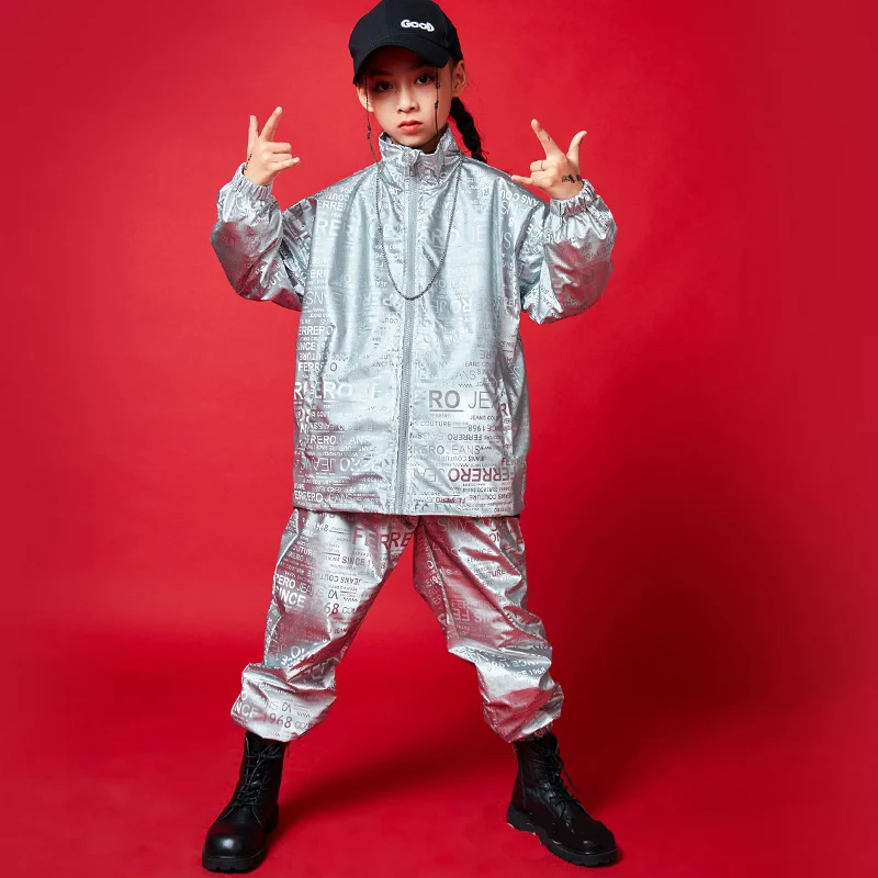 

Moda de hip-hop para niños, ropa de cuero artificial, abrigo brillante con cremallera, ropa de calle, pantalones para niñas,