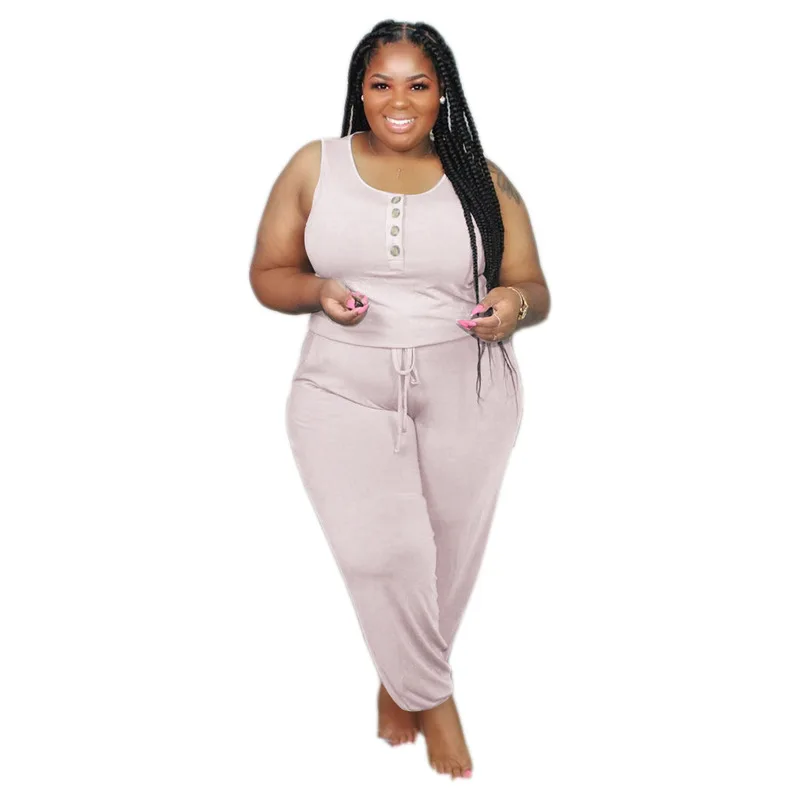 

L-3XL Plus Size Casual Rompers Womens Jumpsuit Round Neck Sleeveless Sporty Bodysuit Summer Solid Elastic Waist Long Playsuits