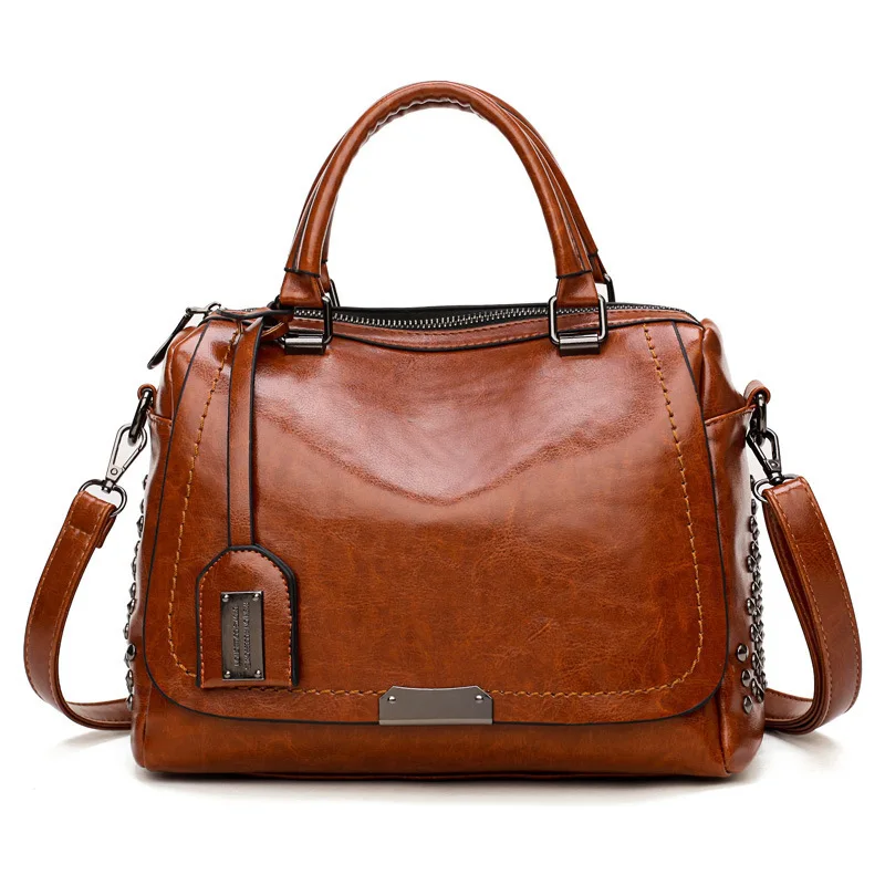 Bag Women's Foreign Trade WOMEN'S Europe And America Retro Handbag Oil Skin Rivet Shoulder Single-sh |