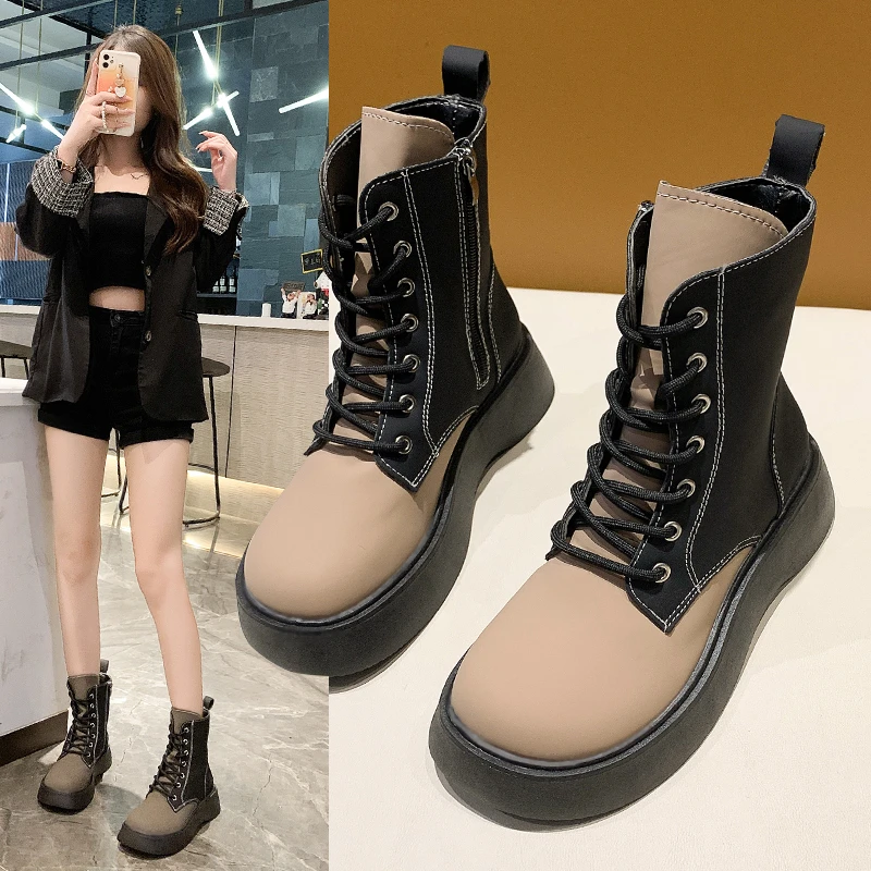 

Women Designer PU Leather Motorcycle Boots 2021 New Winter Autumn Chunky Mid Heels Fashion Lace Up Snow Ankle Mujer Boots