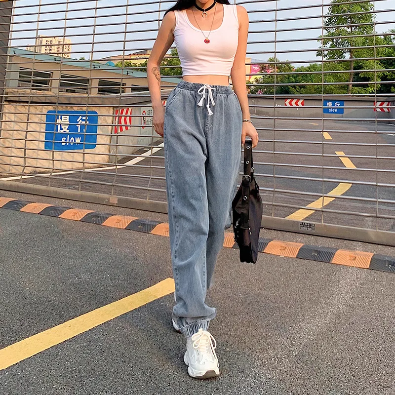 

Women 2021 New Fashion Blue Loose Vintage Y2k Denim Pants Spring Autumn Street Drawstring Jeans Indie High Waist Ankle-tied Pant