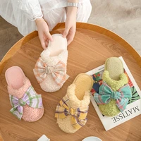 new style cotton slippers indoor home winter cute plush striped big bow girl heart slippers female