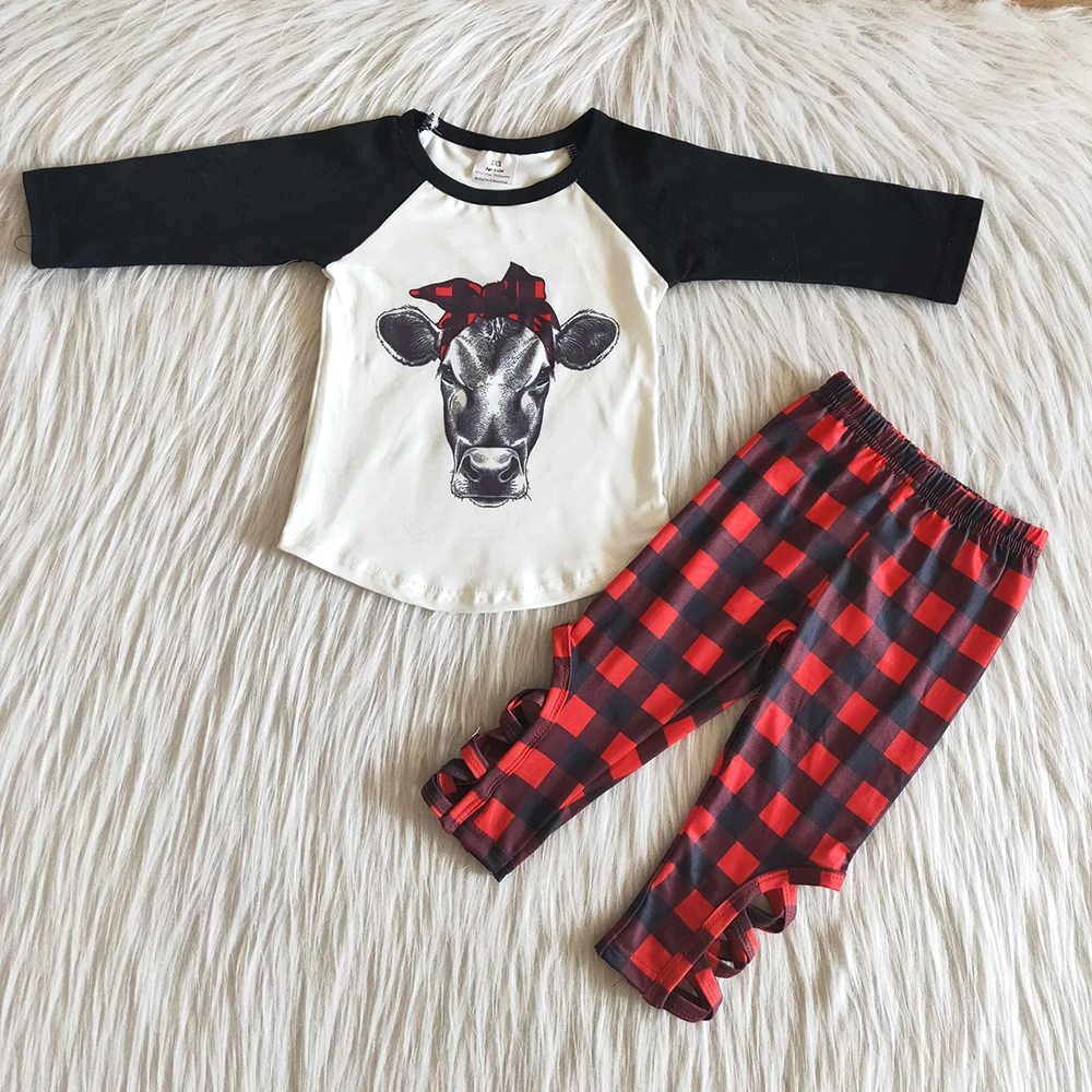 High Quality Toddler Winter Long Sleeve Outfits Cute Cow Pattern Top Match Plaid Pants Girl Fashion 2Pieces Set
