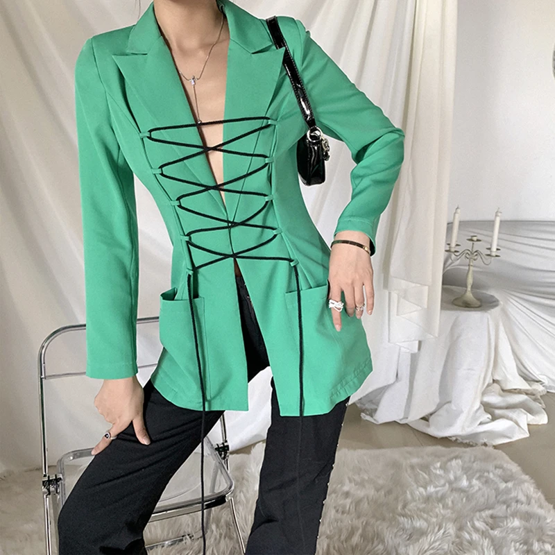 

Blazer Women 2020 New Stylist Clothes Placket Lace Bandage Suit High Quality Solid Jacket Female Blazer Lapel Loose Fit Jacket