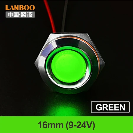 16mm-Green(9-24V) LANBOO 16 мм, 19 мм, 22 мм, красный, зеленый, желтый, синий, 12 В, 24 В, 110 В, 250 В, светодиодный металлический индикатор, лампа, индикатор, светильник, одна лампа, водонепроницаемая - Цвет: 16mm-Green(9-24V)