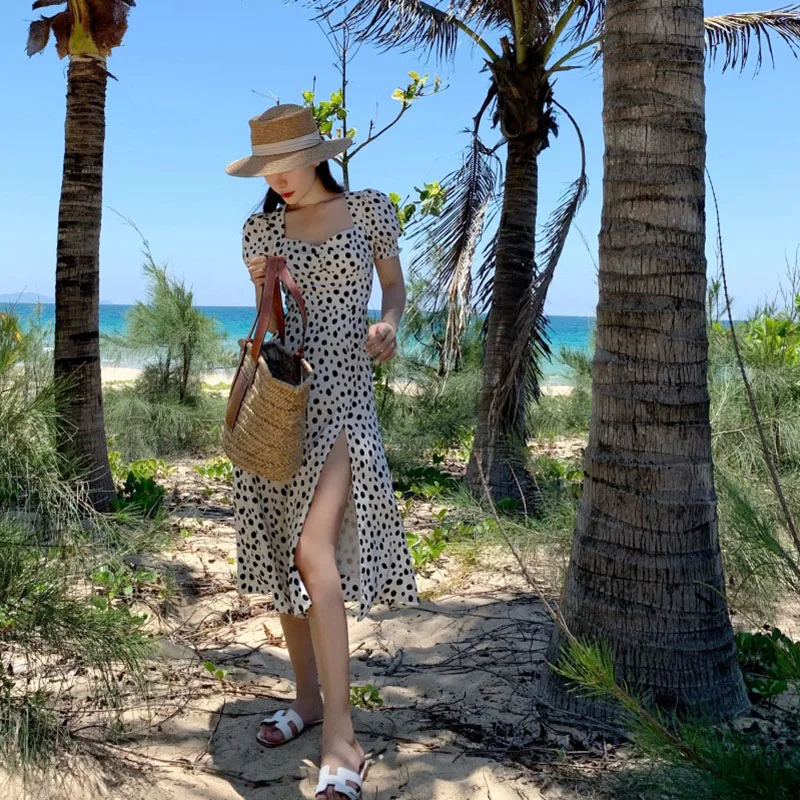 

Women Summer Vintage Party Dress Lady France Style Puff Sleeve Floral PrintWhite dots V-neckSide Split Midi Dress fashion 2021