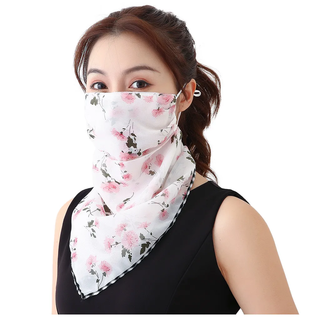 

Floral Print Chiffon Face Mask Scarf Women Sun Protection Masks Outdoor Riding Mouth Scarves Ring Wraps White Neck Scarf #3G