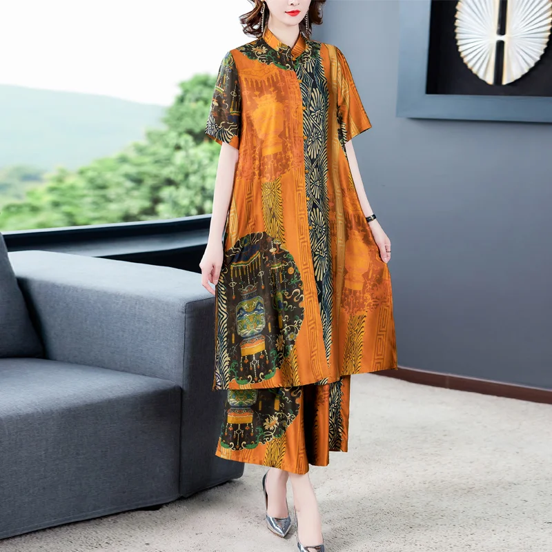 

sets for women summer 2020 New Fashion Casual Two-piece Set Female short sleeve top wide leg pants suit Silk loose Large size