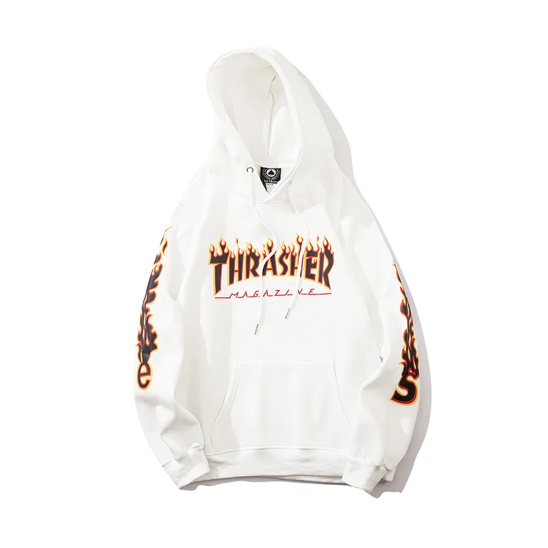 

Autumn And Winter New Comfort Sweatshirt Men Plus Velvet Knit Hooded Hoodies Flame Print Padded Sweatshirt Hip Hop Couple Outfit