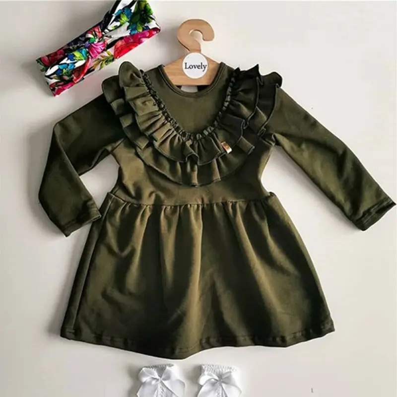 1-6Y Toddler Ruffle Dress Kids Baby Girls Party Casua Long Sleeve Headband Clothes Outfits Sundress | Детская одежда и обувь