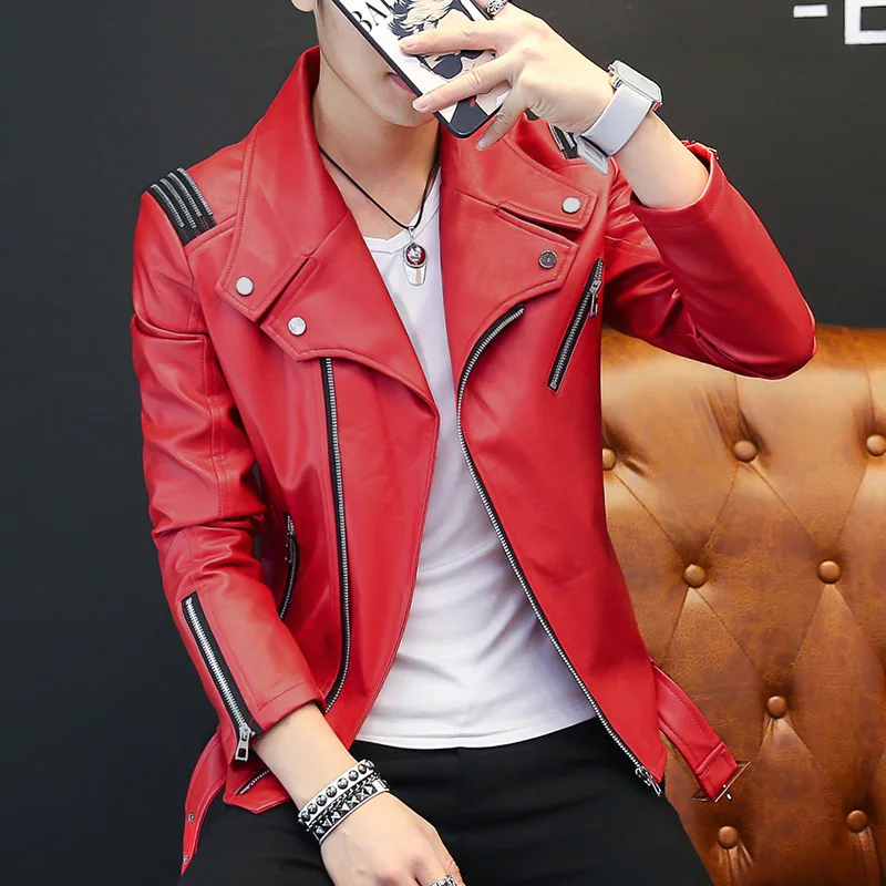 

2021 handsome young men's leather coat lapels personality inclined zipper cultivate one's morality with leather jacket