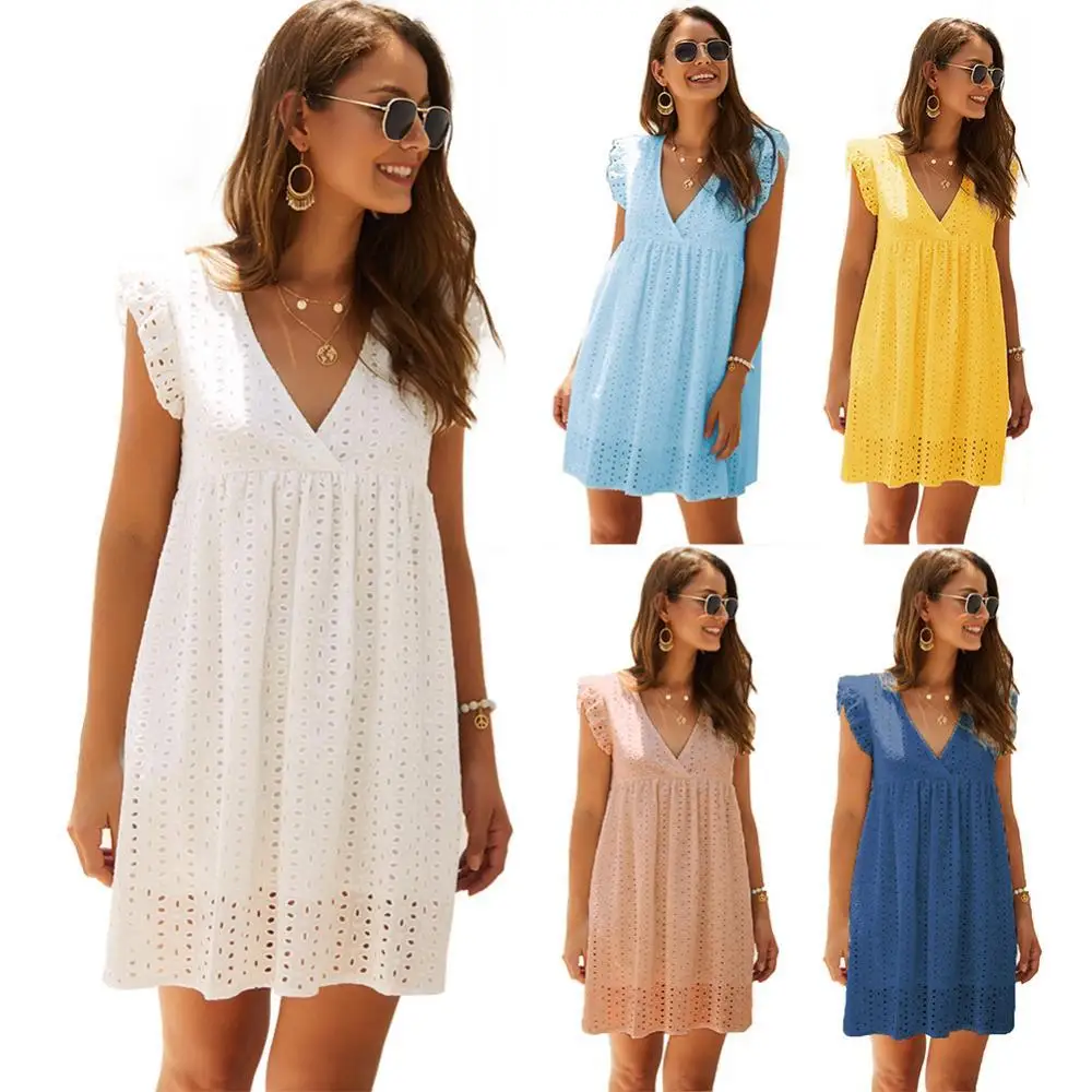 

Women Sexy Solid Color V Neck Ruffled Edges Hollow out Loose Mini A Line Dress