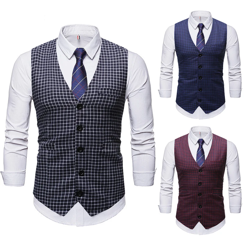 Мужской Клетчатый жилет в клетку однобортный деловой Приталенный для смокинга и
