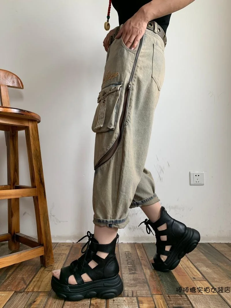 

LYUZHE Vintage Personalized Zipper Women Jeans 2021 Summer Multi-pocket Harem Pants Patchwork Ankle-Length Pants Female QDY287