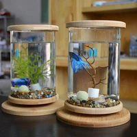 1pcs glass betta fish tank bamboo base mini fish tank fish bowl accessories aquarium decoration accessories rotate decorati k4t0