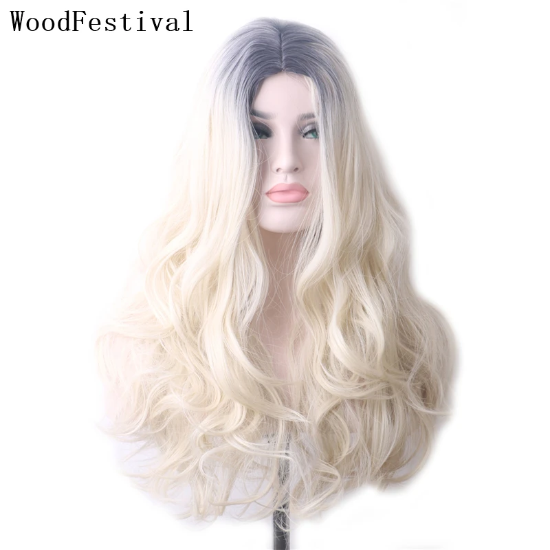 

WoodFestival Female Wavy Synthetic Wig Colored Cosplay Long Hair Wigs For Women Blonde Ombre Black Pink Purple Blue Gray Green