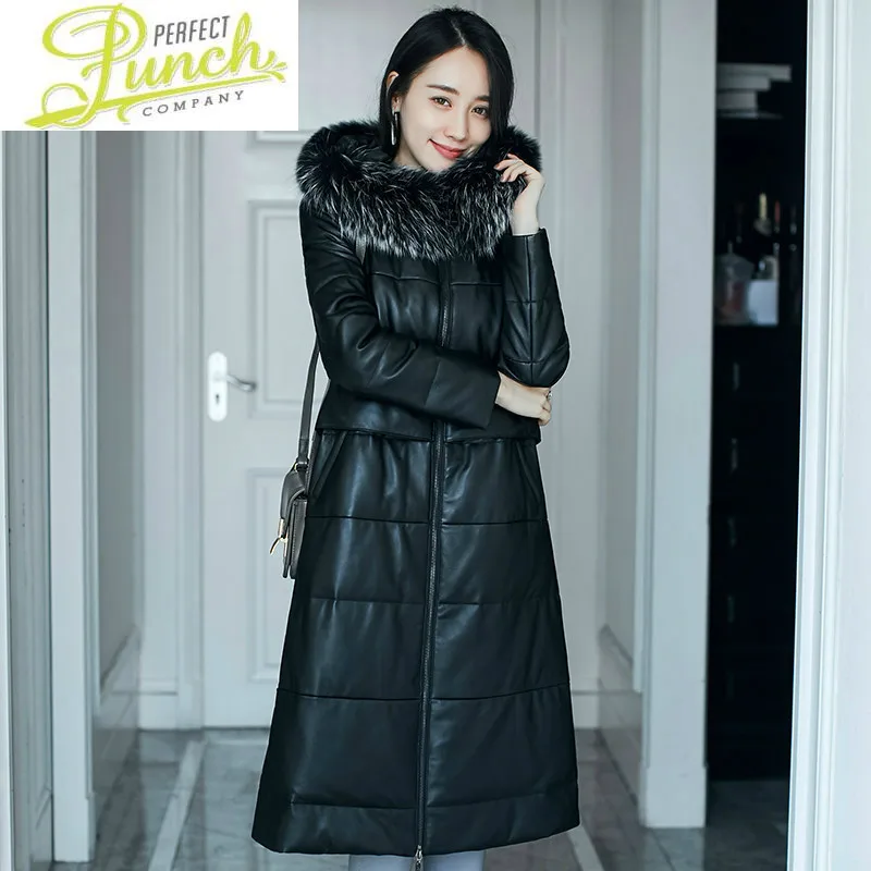 

Duck Geniune Sheepskin Leather Down Jacket Women Hooded Winter Warm Thickening Long Outwear 2021 MF404