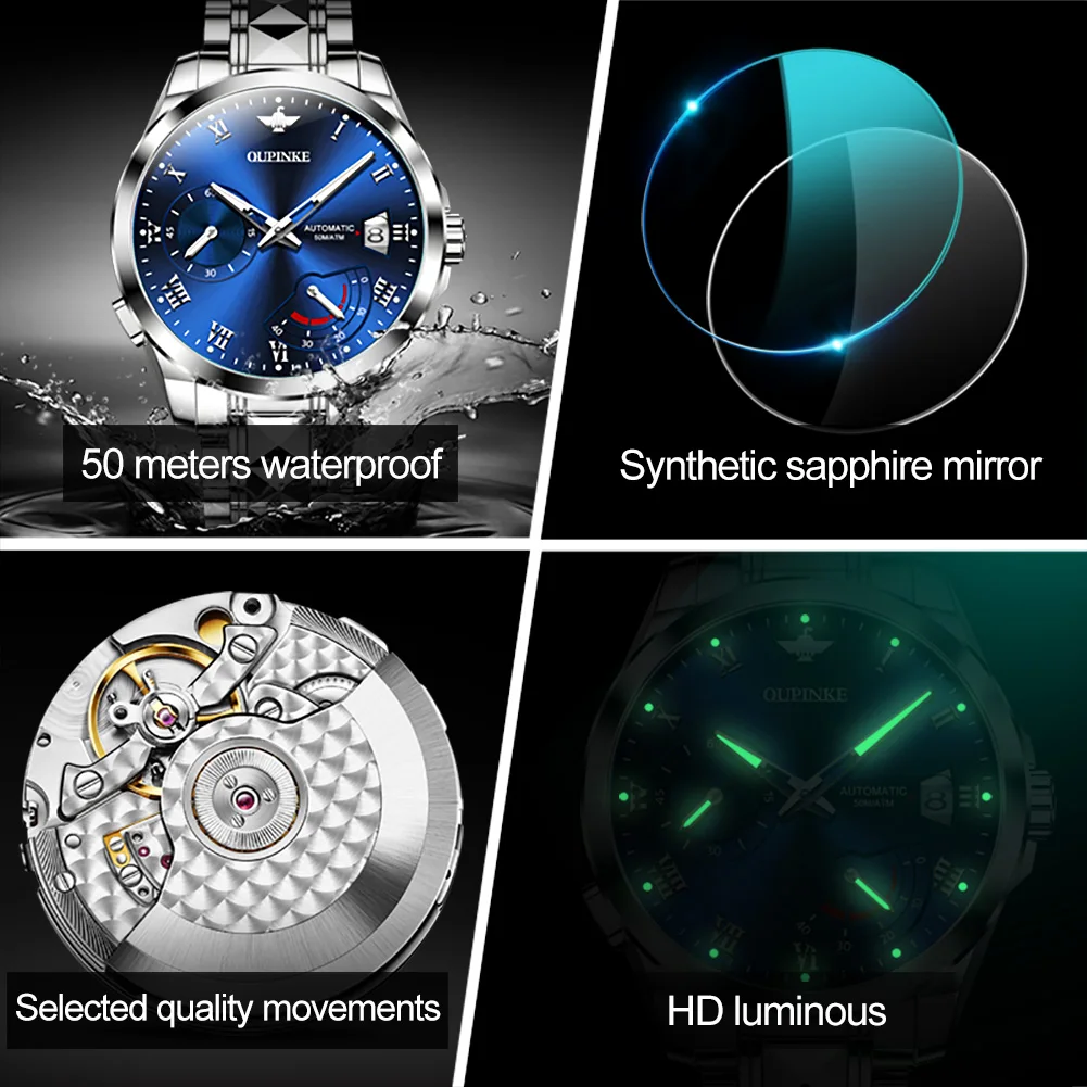 

OUPINKE Top Brand Mechanical Wristwatch Luxury Sapphire Glass Automatic Watch Stainless Steel Waterproof 50M Watches Men
