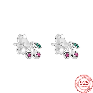 100% 925 Sterling Silver Pink Cherry with Green Leaves Earrings Women Holiday Fashion Jewelry Gift Exquisite Creativity Earrings