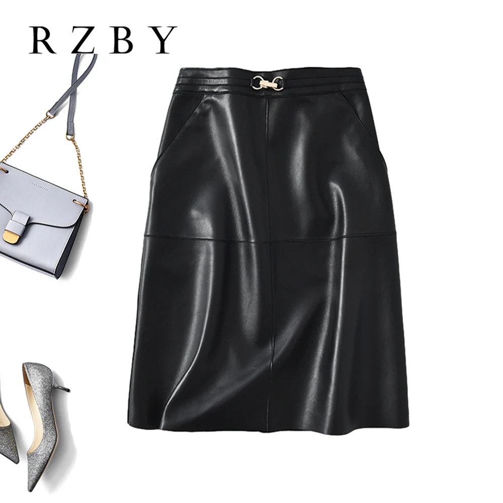 Women Genuine Leather Skirt  High Waist Real Natural Sheepskin 2020 New Elegant Office Lady Work Wear Midi A-line Falda  RZBY289