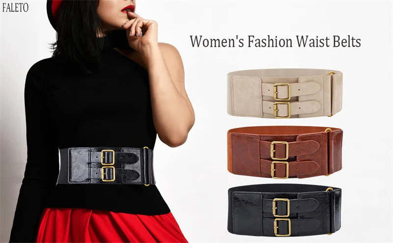

Faleto New Women Wide Elastic Dress Belt Fashion Stretchy Vintage Belt PU Leather Wide Waist Cinch Belt Double Studded Waistband