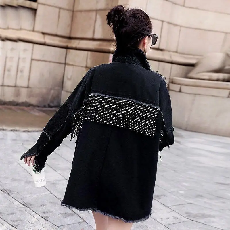 Женская джинсовая куртка с бахромой MAZEROUT черная Свободная на пуговицах уличный