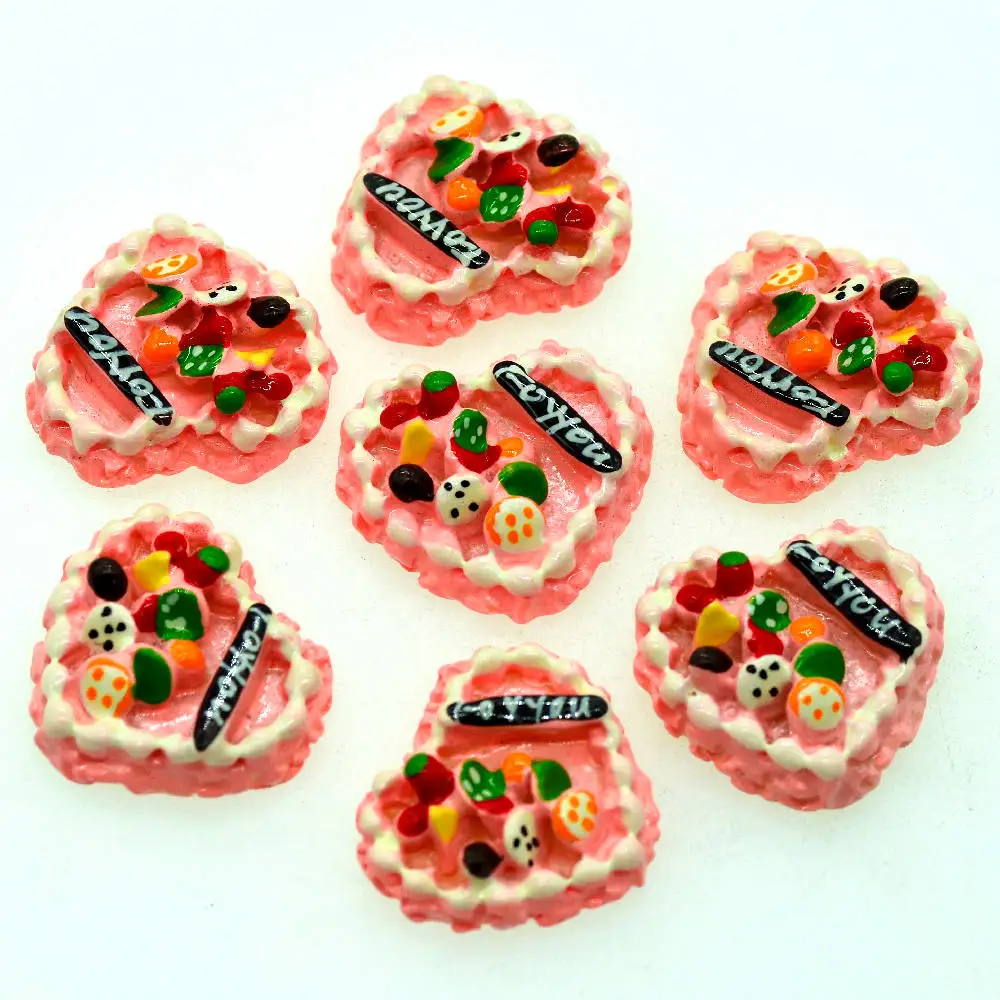 

10 шт., розовые кабошоны в форме сердца с плоской задней поверхностью, вишневый торт, украшение для дома, миниатюрные украшения для дома