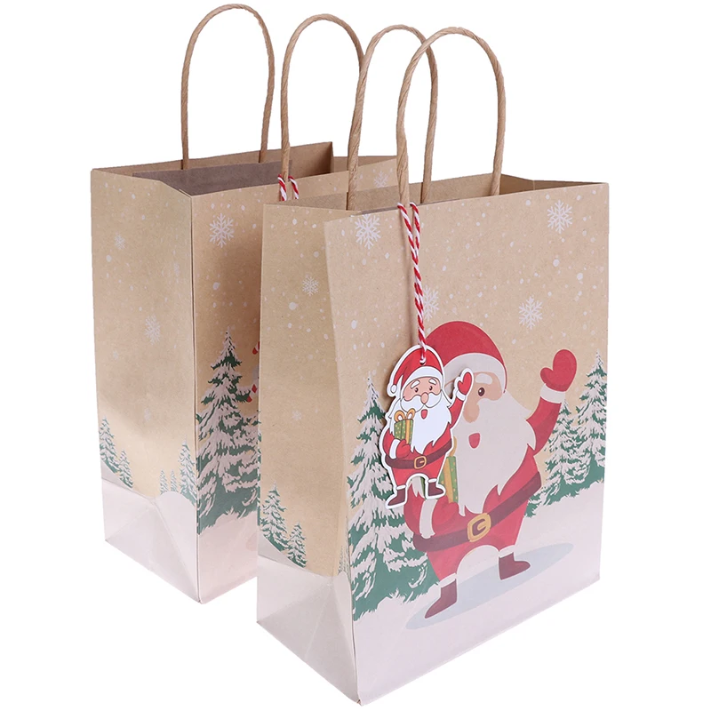 

6 шт. новые рождественские подарочные пакеты цвета хаки, пакет из крафт-бумаги с ручкой в виде Санты, Рождественский Подарочный пакет, праздв...