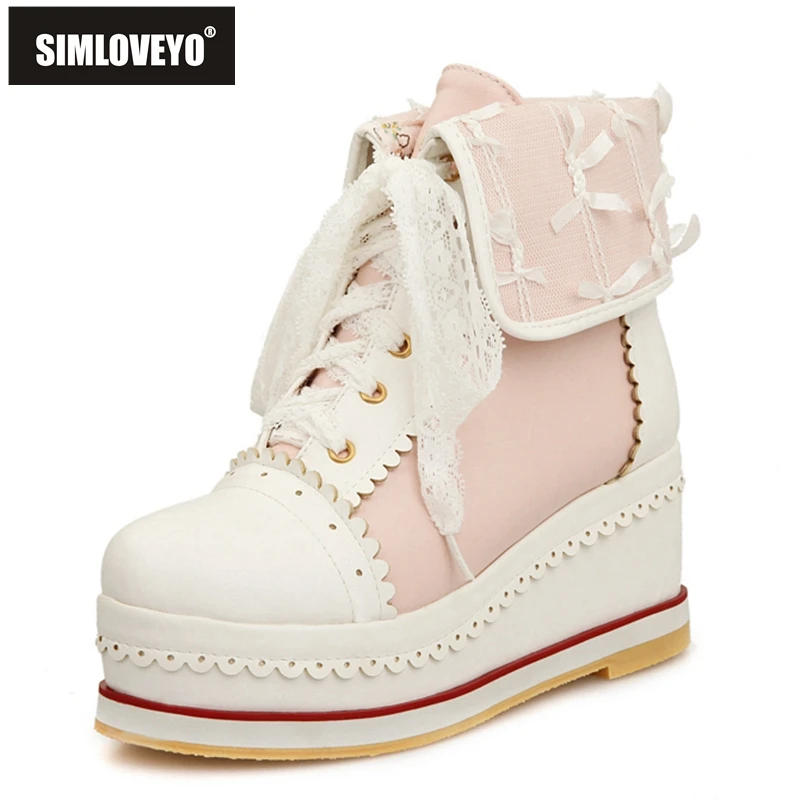 

SIMLOVEYO 2021 Sweet Ankle Boots Lolita Appliques Platforms Lace Up Candy Color Cosplay Thick Sole Shoes Pink Beige Red A4523