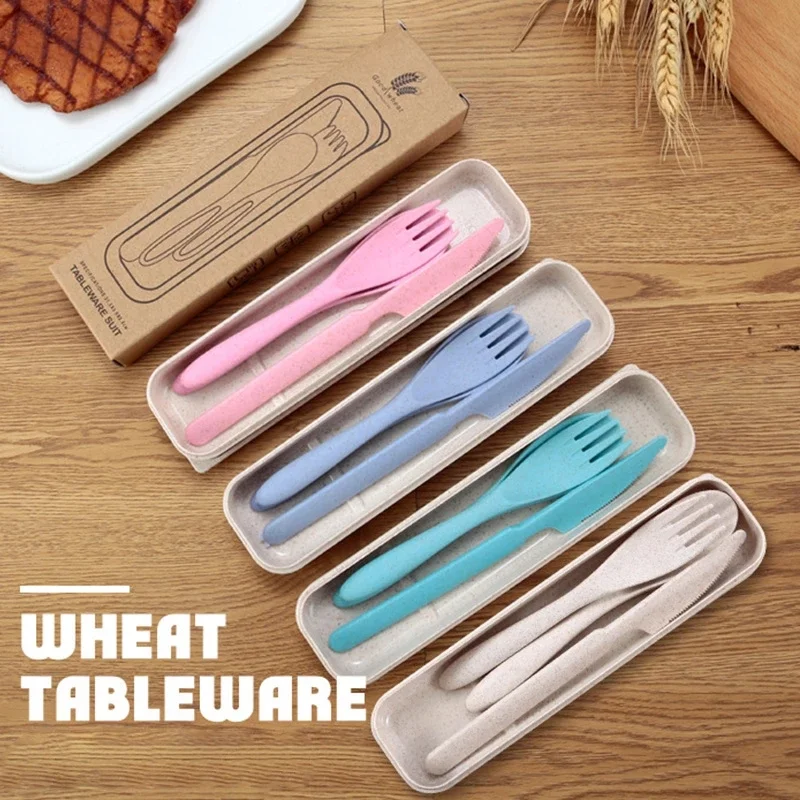 

3Pcs/set Wheat Straw Knife/Fork/Spoon Kit With Storage Case Portable Reusable Travel Cutlery Japan Style Student Dinnerware Sets