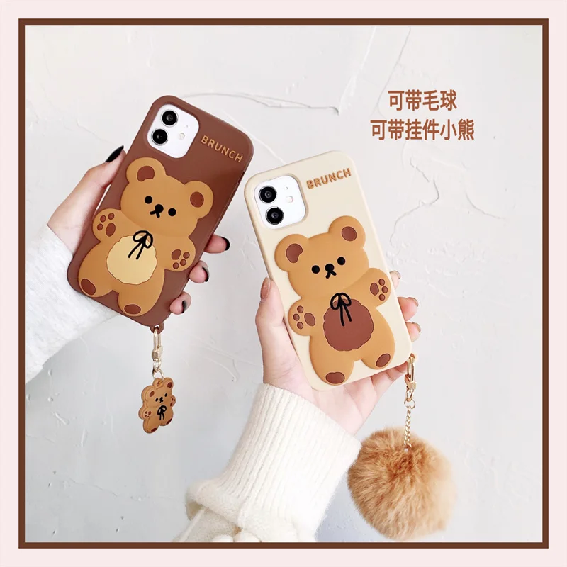 

Cute Cartoon 3D Bear With Plush Pendant Phone Cases For Iphone 13 12 Pro 11 XS Max XR X 6 7 8 plus Silicone Antislip Back Cover