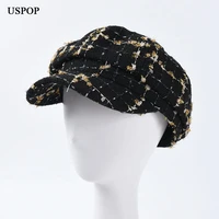 uspop fashion autumn caps women tweed octagonal hats female plaid newsboy caps plaid visor cap