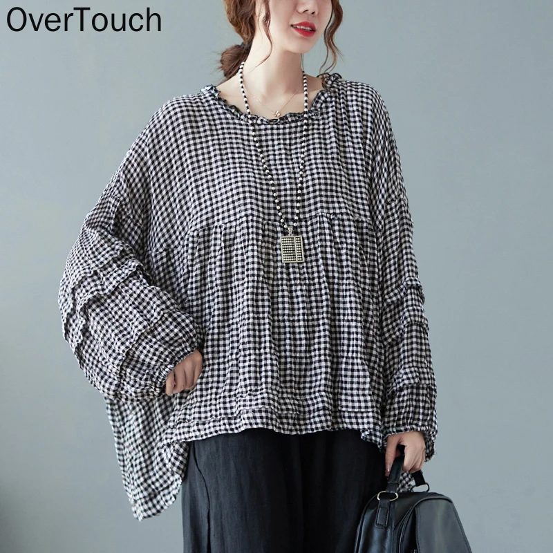 

Футболка женская свободного покроя с длинным рукавом, Повседневная рубашка-туника из хлопка в черную клетку, топ в стиле оверсайз, осень