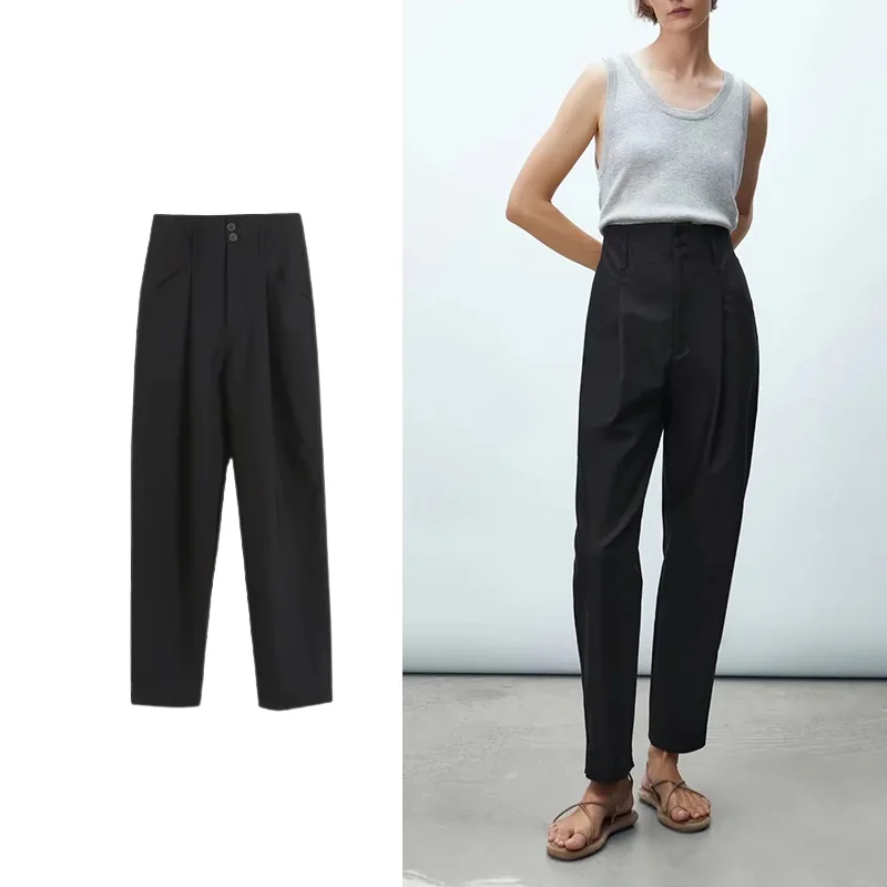 

Женские плиссированные брюки TRAF Za, повседневные однотонные длинные брюки с украшением, осень 2021