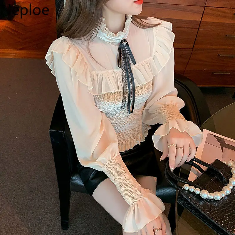 Neploe Blouse Women Chic Stand Neck Bow Shirts Sweet Ruffles Slim Fit Temperament Korean Fahsion Folds Blusas Tops Mujer | Женская