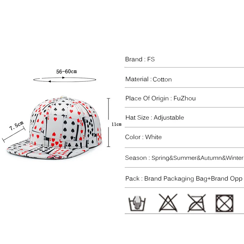 FS модные плоские Брим покер печати Snapback Бейсбол кепки белый хлопок зима шапки для