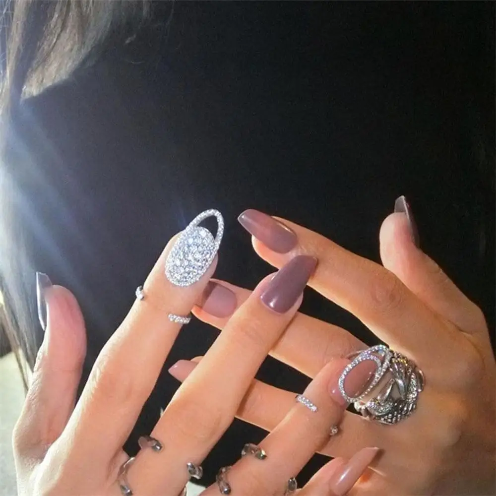 

New Rhinestone Hollow Metal Trendy Cool Fingertip Nail Shining Armor Open Ring for Women Girls Jewelry Party Accessories