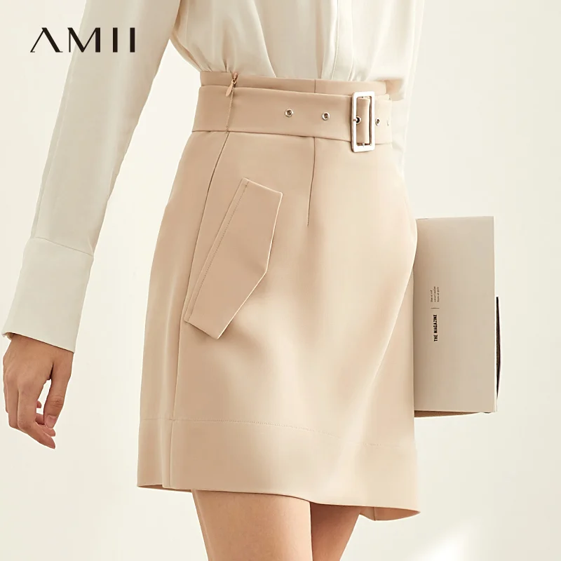 

Amii Minimalist Irregular A-line Skirt Autumn Women Casual Solid High Waist with Belt Female Mini Skirt 11930281