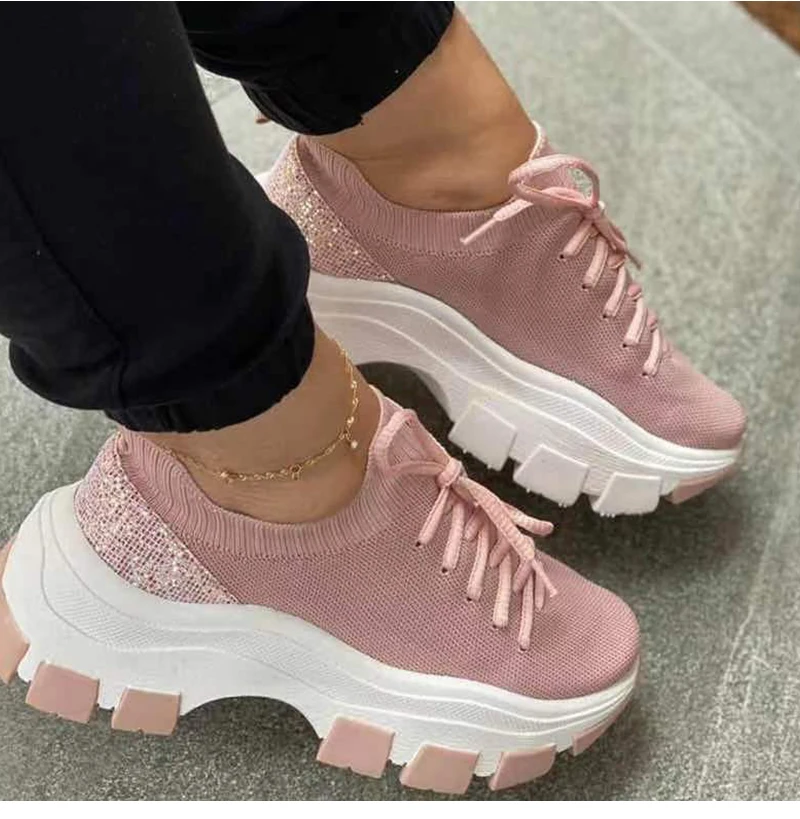 

2021 Summer Women Platform Sneakers Bling Vulcanized Shoes Women's Wedges Lace-up Sport Shoes Ladies Casual Footwear Plus Size