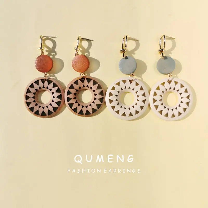 

QUMENG 2020 Korea Handmade Wooden Bohemian stud Earrings for women New Fashion Cut Out Geometric Hollow pattern ethnic Earrings