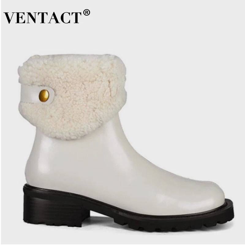VENTACT 2022 Women Real Leather Snow Ankle Boots Thick Heels Furry Warm Fashion Outdoor Female Ladies Footwear Size 34-40