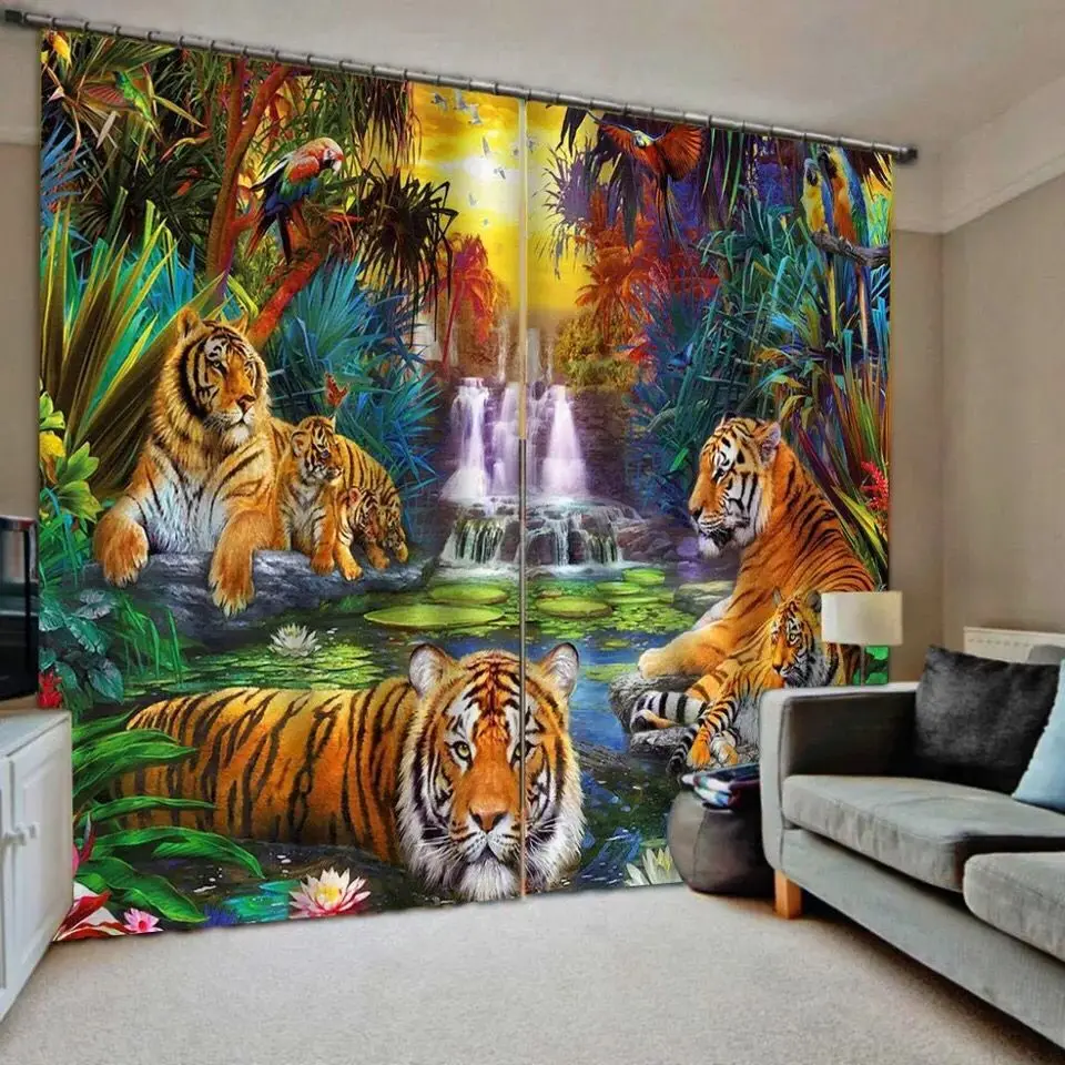 

Custom 3D Natural Scenery Door Windows Curtains Tiger Zoo Living Room Bedroom Pink Decorative Kitchen Curtains Drapes Dropship