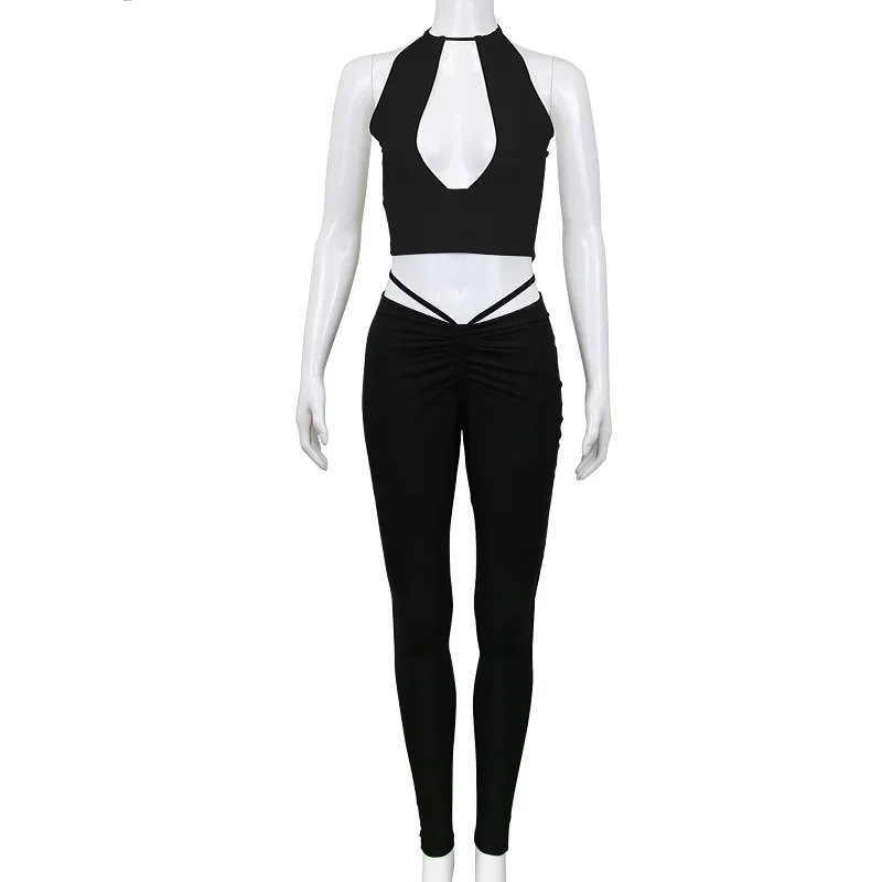 

Pants Suit Sleeveless Halter Neck Cutout Chestless Short Vest Top Pleated Waist Pencil Trousers Suit