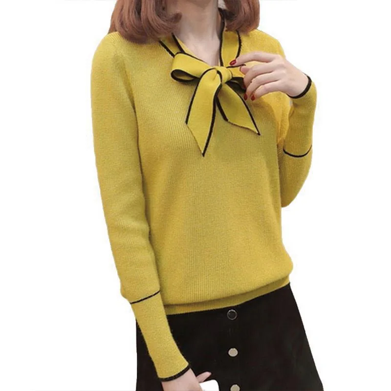 

QRWR Sweater Women 2020 Autumn Winter Elegant V Neck Bow Pullover Knitted Casual Loose Basic Women Sweater