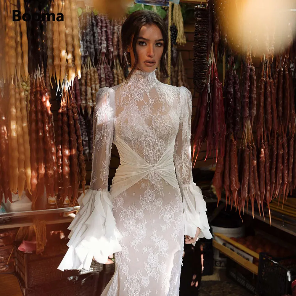 

Женское кружевное свадебное платье с юбкой годе Booma, шифоновое платье с длинными рукавами и оборками, эффектное платье невесты с юбкой-годе